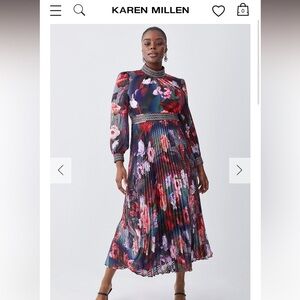 Karen Millen Size 18 Diamanté Trim Floral Pleated Maxi Dress, New With Tags